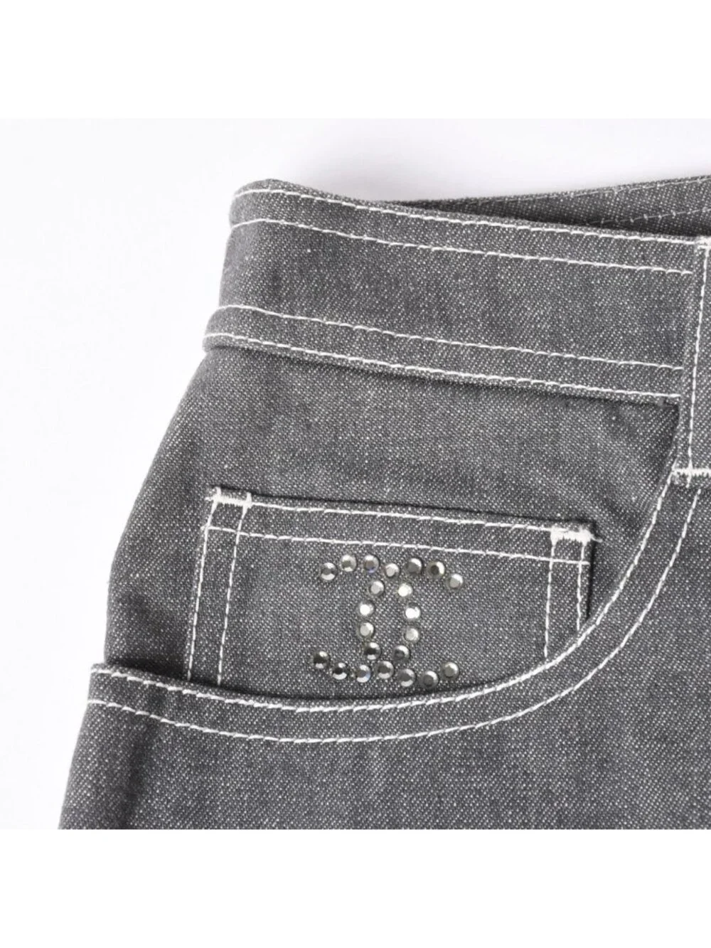 Chanel Flare Bell Denim Pants CC Logo Rhinestone Gray Bootcut White Stitch